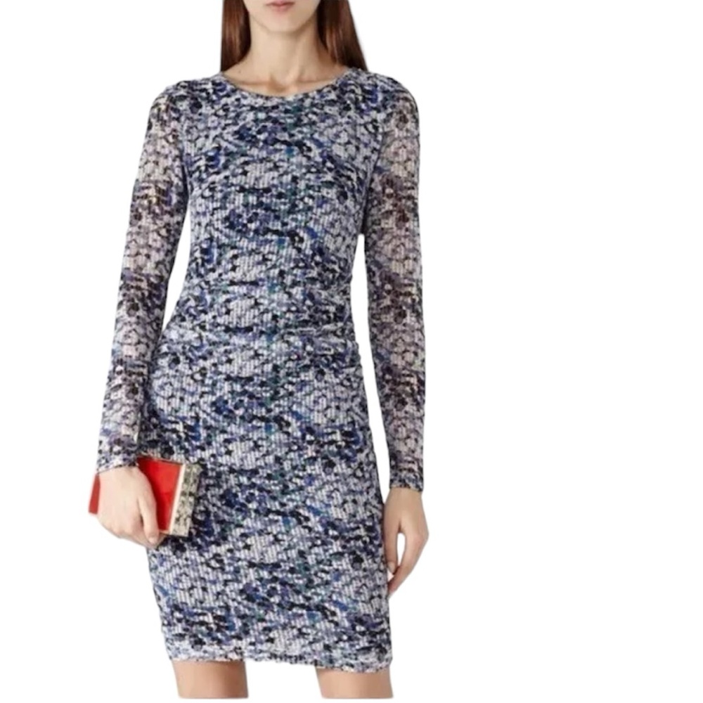 Reiss floral print multi color mash bodycon long sleeve mini dress size 8 Fariy